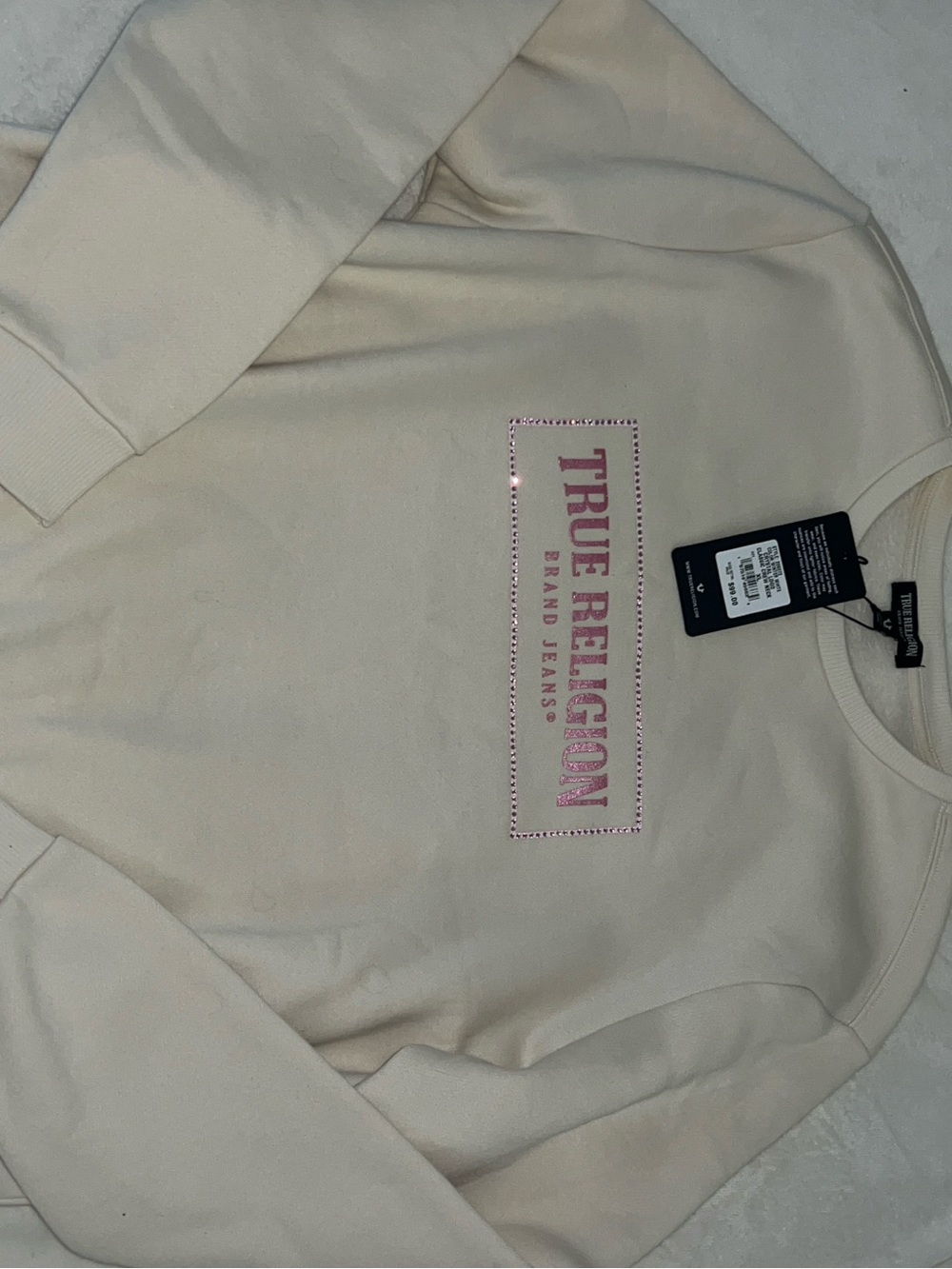 True Religion Cream Crewneck Sweatshirt with Pink Logo